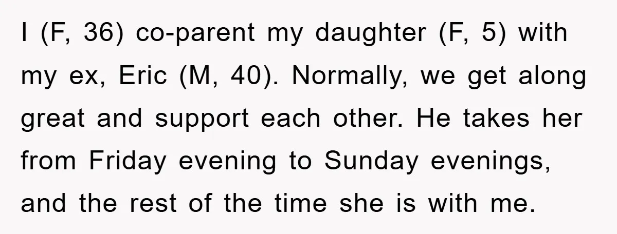 I (F, 36) co-parent my daughter (F, 5) with my ex, Eric (M, 40). Normally, we get along great and support each other. He takes her from Friday evening to...