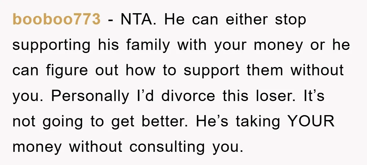 booboo773 − NTA. He can either stop supporting his family with your money or he can figure out how to support them without you. Personally I’d divorce this loser. It’s...