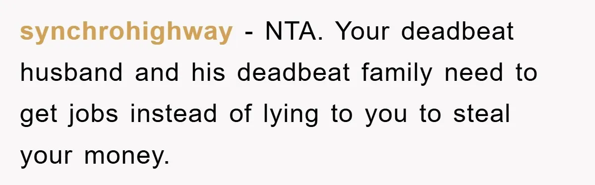 synchrohighway − NTA. Your deadbeat husband and his deadbeat family need to get jobs instead of lying to you to steal your money.