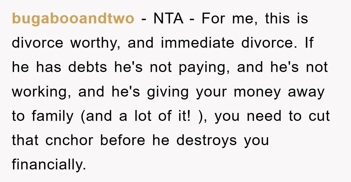 bugabooandtwo − NTA - For me, this is divorce worthy, and immediate divorce. If he has debts he's not paying, and he's not working, and he's giving your money away...