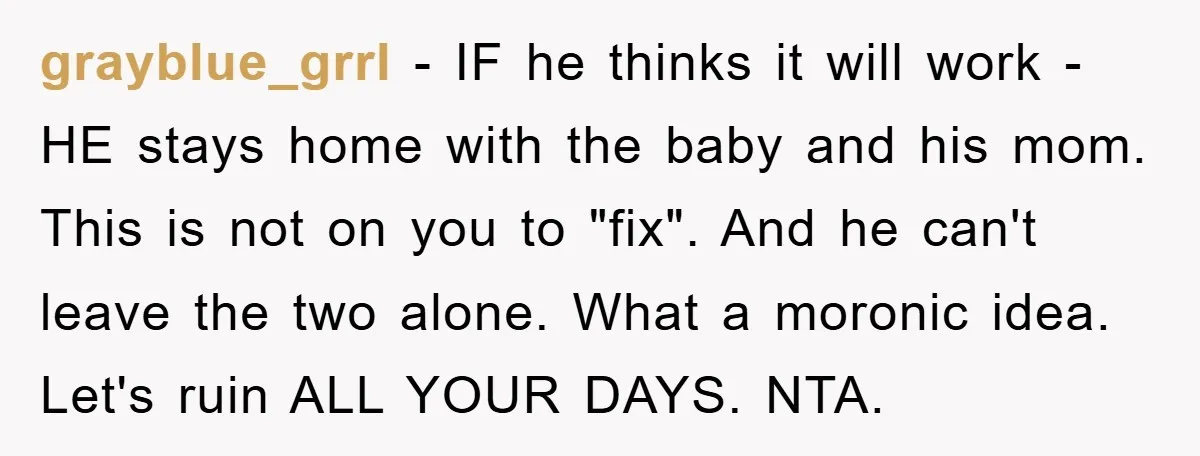 grayblue_grrl − IF he thinks it will work - HE stays home with the baby and his mom. This is not on you to "fix". And he can't leave the...
