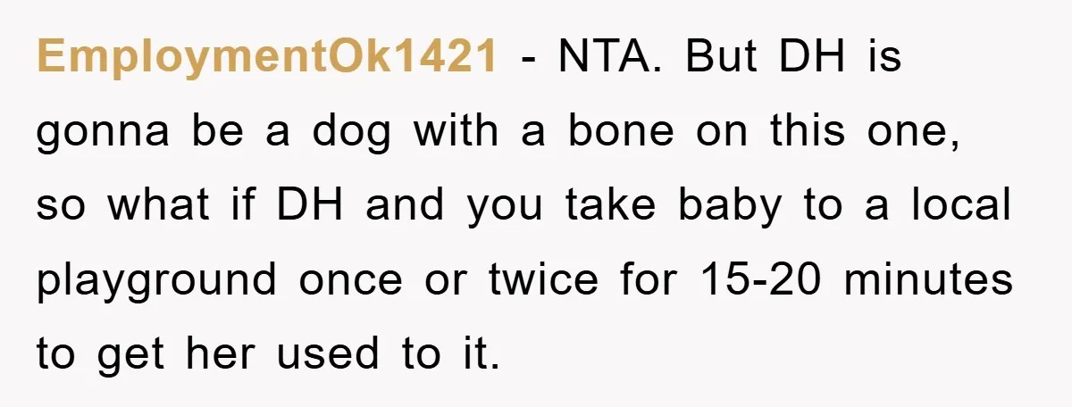 EmploymentOk1421 − NTA. But DH is gonna be a dog with a bone on this one, so what if DH and you take baby to a local playground once or...