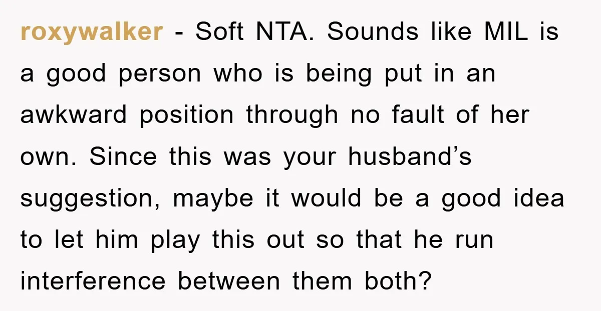 roxywalker − Soft NTA. Sounds like MIL is a good person who is being put in an awkward position through no fault of her own. Since this was your husband’s...