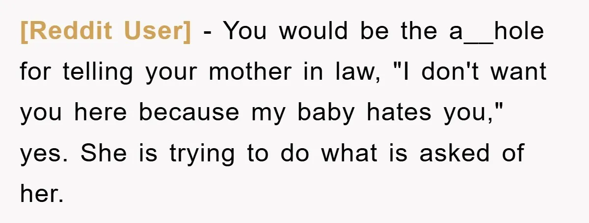 [Reddit User] − You would be the a__hole for telling your mother in law, "I don't want you here because my baby hates you," yes. She is trying to do...