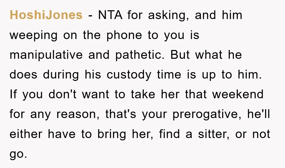 HoshiJones − NTA for asking, and him weeping on the phone to you is manipulative and pathetic. But what he does during his custody time is up to him. If...