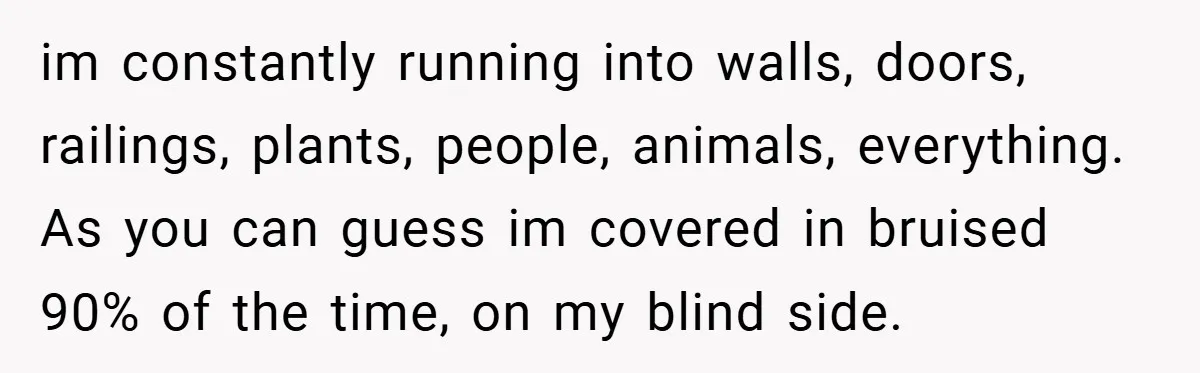 im constantly running into walls, doors, railings, plants, people, animals, everything. As you can guess im covered in bruised 90% of the time, on my blind side.