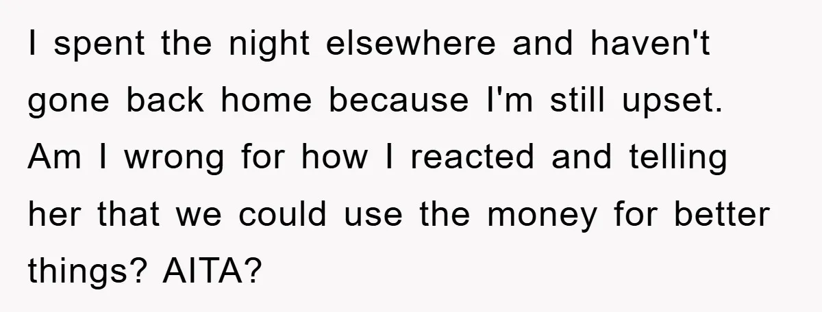 I spent the night elsewhere and haven't gone back home because I'm still upset. Am I wrong for how I reacted and telling her that we could use the money...