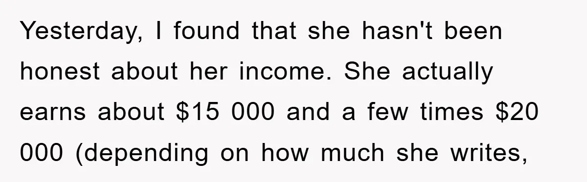 Yesterday, I found that she hasn't been honest about her income. She actually earns about $15 000 and a few times $20 000 (depending on how much she writes,
