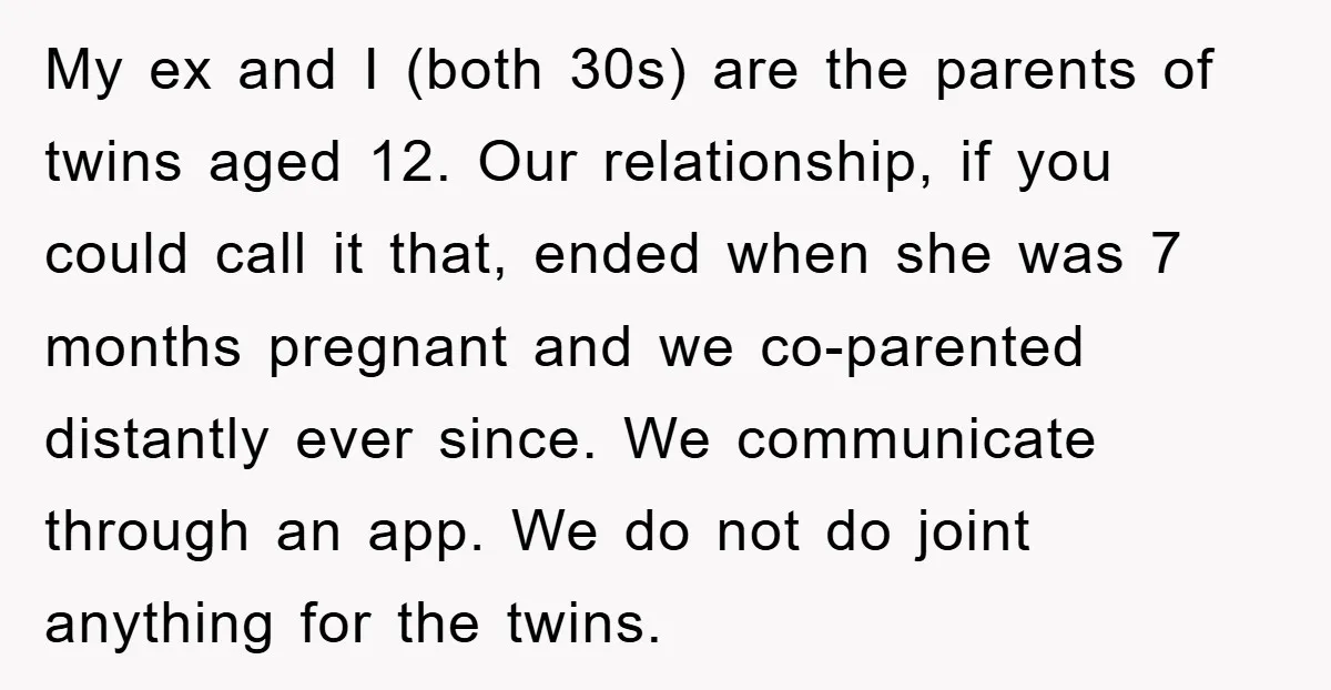 My ex and I (both 30s) are the parents of twins aged 12. Our relationship, if you could call it that, ended when she was 7 months pregnant and we...