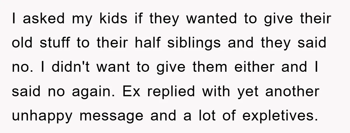 I asked my kids if they wanted to give their old stuff to their half siblings and they said no. I didn't want to give them either and I said...