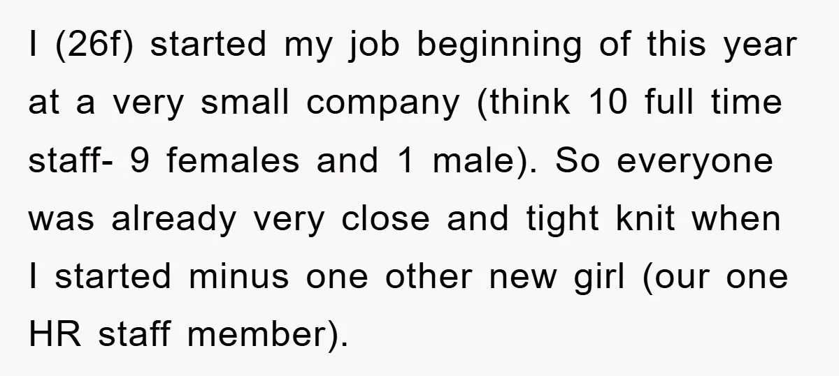 I (26f) started my job beginning of this year at a very small company (think 10 full time staff- 9 females and 1 male). So everyone was already very close...