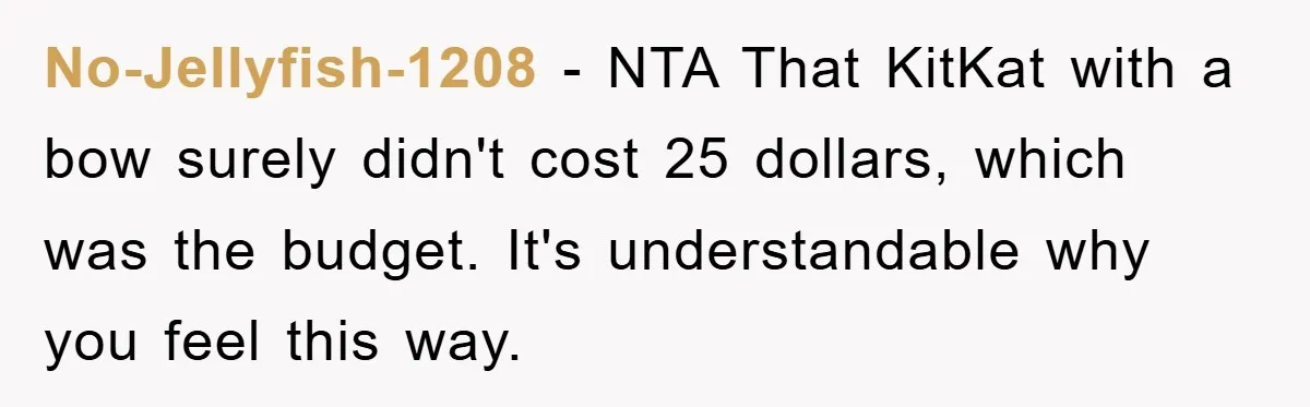 No-Jellyfish-1208 − NTA That KitKat with a bow surely didn't cost 25 dollars, which was the budget. It's understandable why you feel this way.