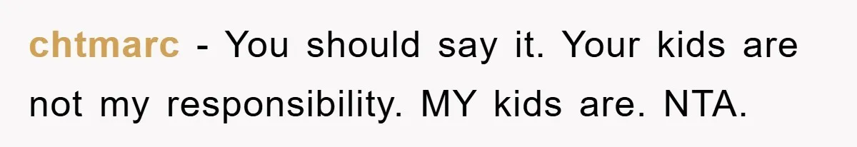 chtmarc − You should say it. Your kids are not my responsibility. MY kids are. NTA.