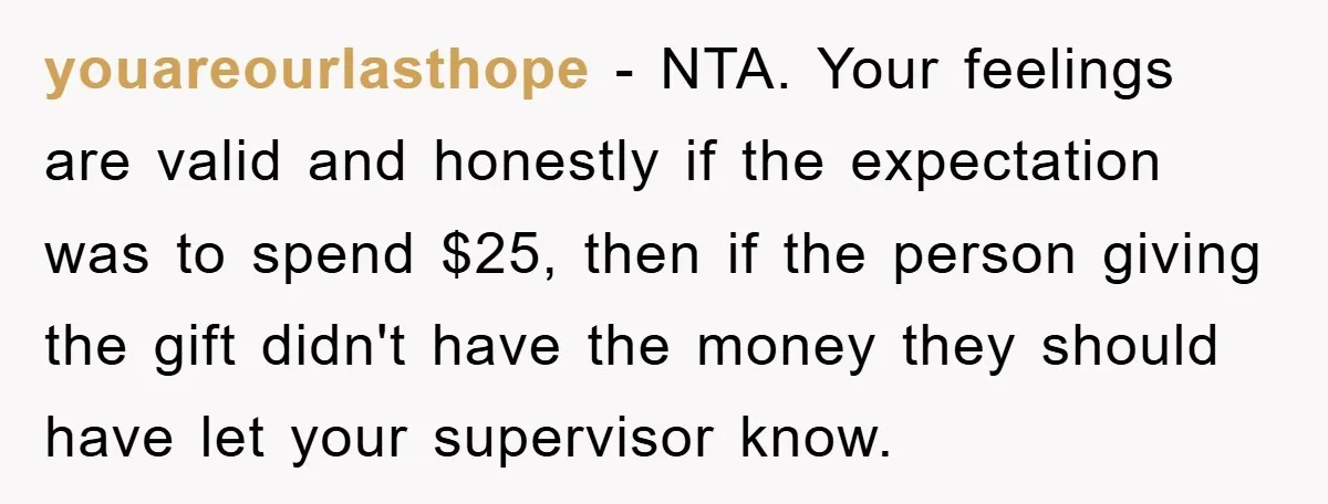 youareourlasthope − NTA. Your feelings are valid and honestly if the expectation was to spend $25, then if the person giving the gift didn't have the money they should have...