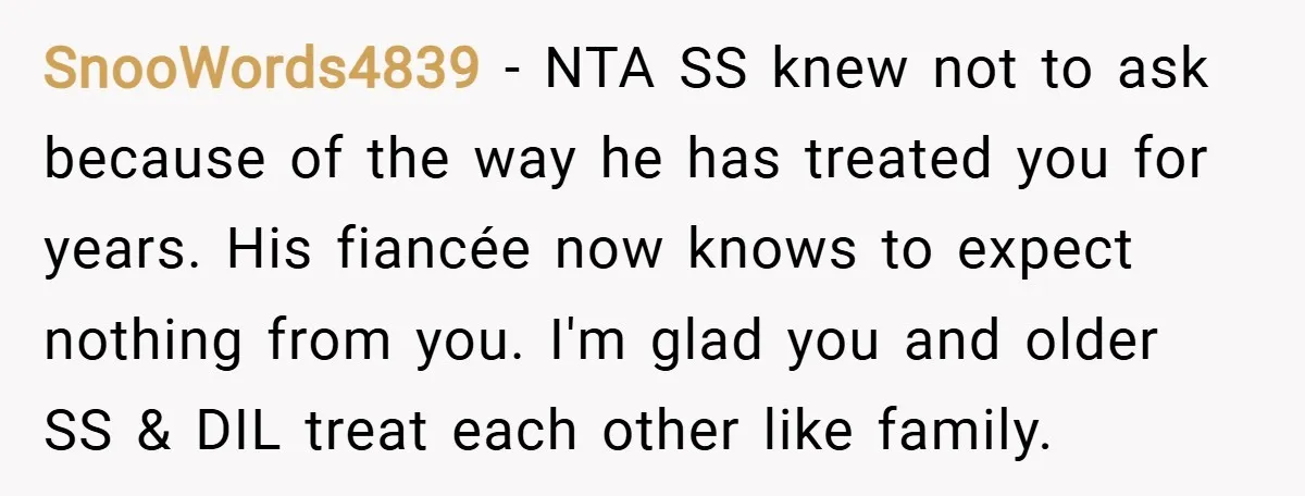 SnooWords4839 − NTA SS knew not to ask because of the way he has treated you for years. His fiancée now knows to expect nothing from you. I'm glad you...