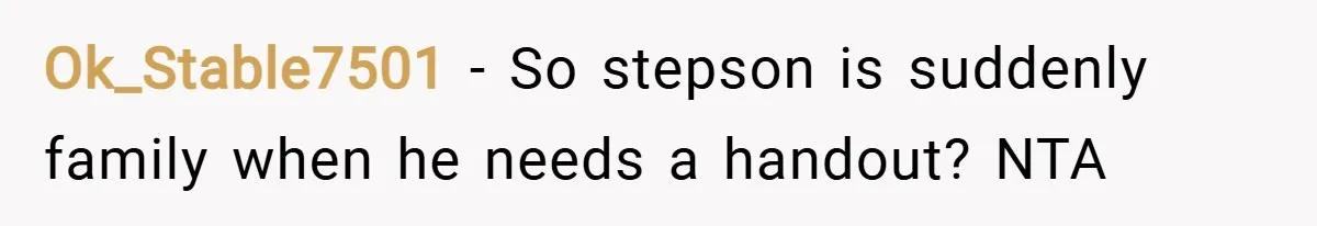 Ok_Stable7501 − So stepson is suddenly family when he needs a handout? NTA