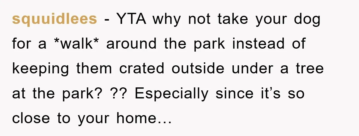 squuidlees − YTA why not take your dog for a *walk* around the park instead of keeping them crated outside under a tree at the park? ?? Especially since it’s...