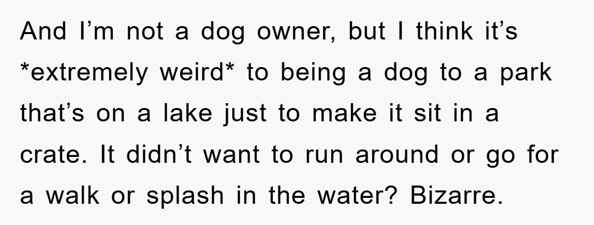 And I’m not a dog owner, but I think it’s *extremely weird* to being a dog to a park that’s on a lake just to make it sit in a...