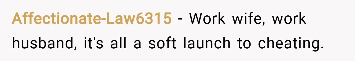 Affectionate-Law6315 − Work wife, work husband, it's all a soft launch to cheating.