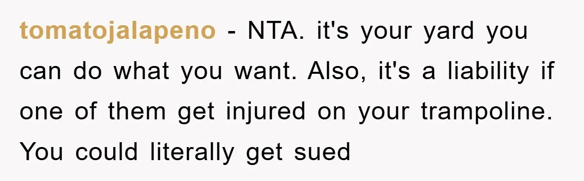 tomatojalapeno − NTA. it's your yard you can do what you want. Also, it's a liability if one of them get injured on your trampoline. You could literally get sued
