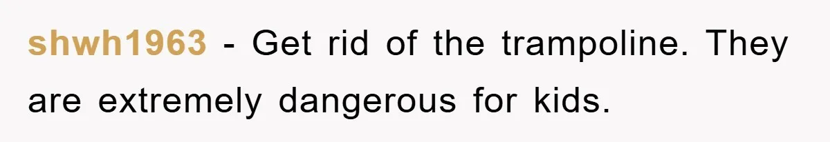 shwh1963 − Get rid of the trampoline. They are extremely dangerous for kids.