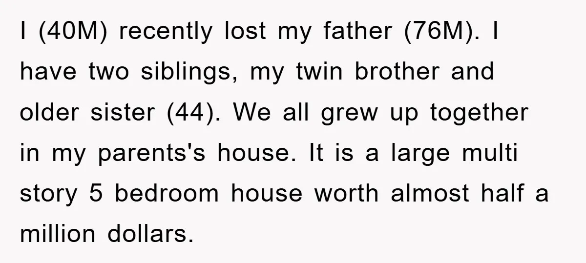 I (40M) recently lost my father (76M). I have two siblings, my twin brother and older sister (44). We all grew up together in my parents's house. It is a...