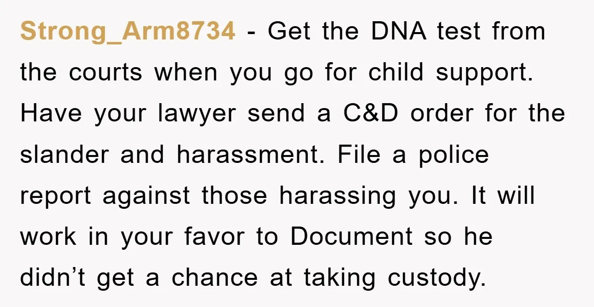 Strong_Arm8734 − Get the DNA test from the courts when you go for child support. Have your lawyer send a C&D order for the slander and harassment. File a police...