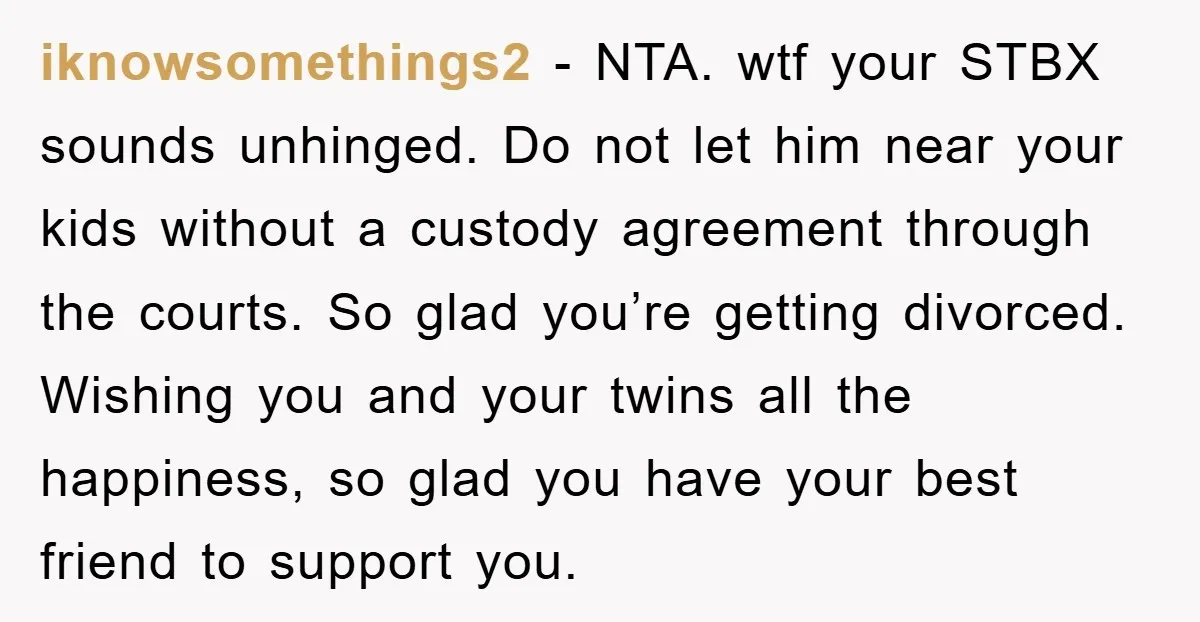 iknowsomethings2 − NTA. wtf your STBX sounds unhinged. Do not let him near your kids without a custody agreement through the courts. So glad you’re getting divorced. Wishing you and...