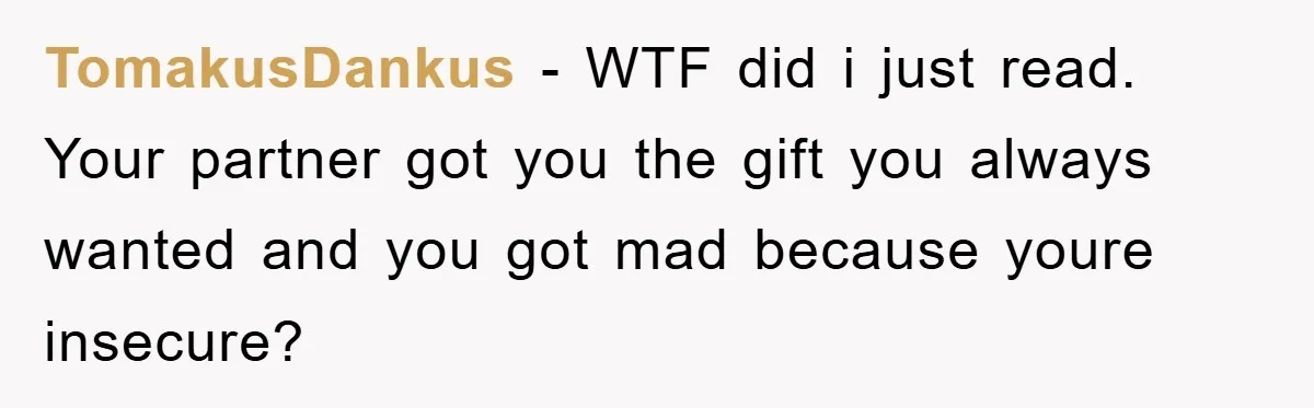 TomakusDankus − WTF did i just read. Your partner got you the gift you always wanted and you got mad because youre insecure?