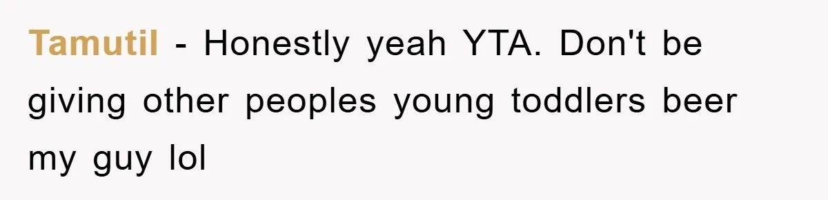Tamutil − Honestly yeah YTA. Don't be giving other peoples young toddlers beer my guy lol