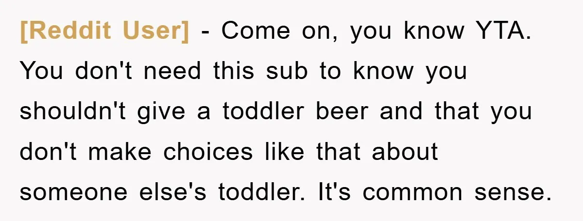 [Reddit User] − Come on, you know YTA. You don't need this sub to know you shouldn't give a toddler beer and that you don't make choices like that about...