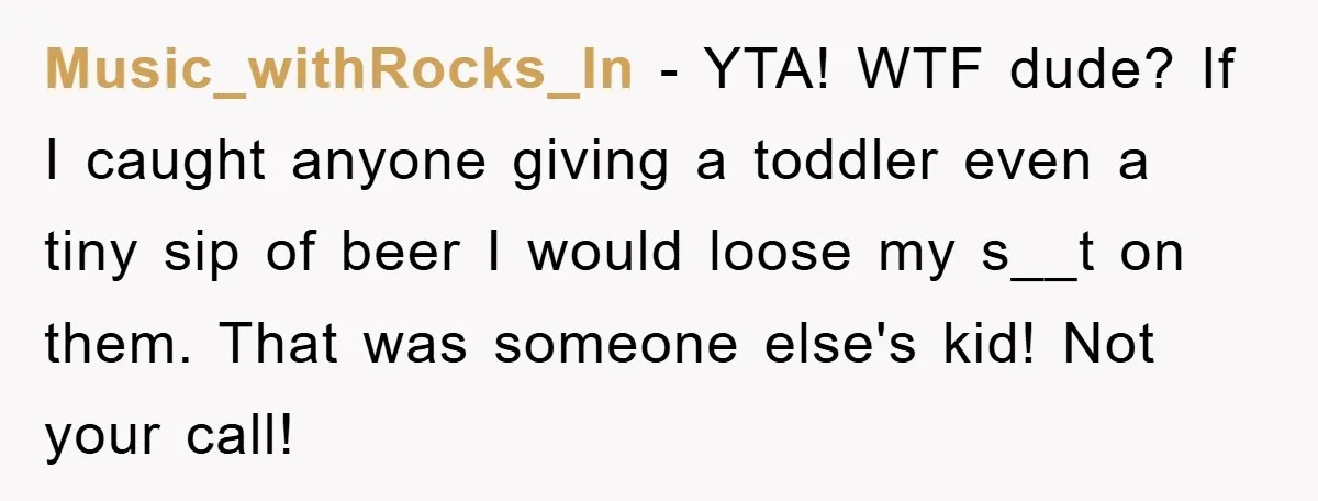 Music_withRocks_In − YTA! WTF dude? If I caught anyone giving a toddler even a tiny sip of beer I would loose my s__t on them. That was someone else's kid!...