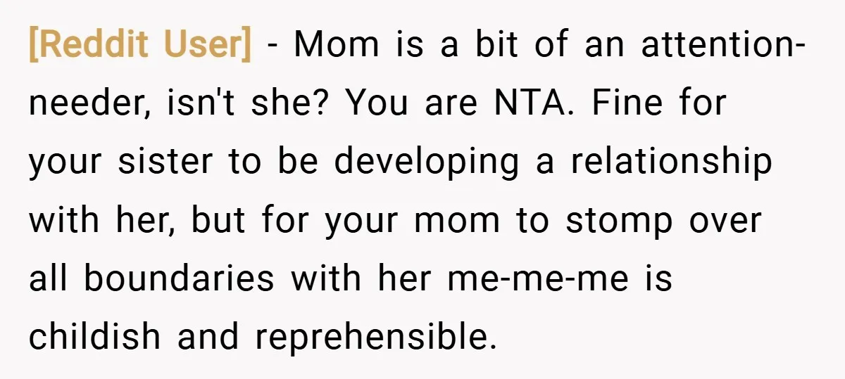 [Reddit User] − Mom is a bit of an attention-needer, isn't she? You are NTA. Fine for your sister to be developing a relationship with her, but for your mom...