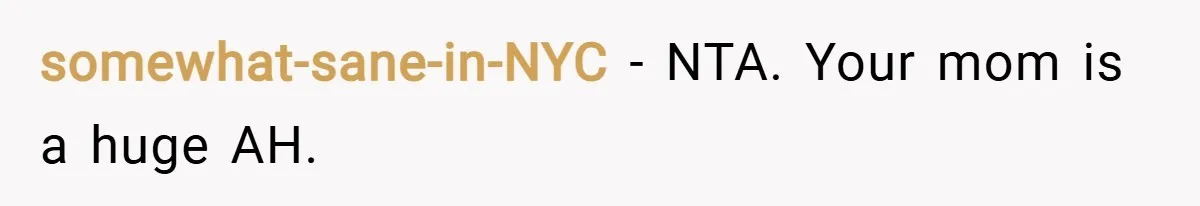 somewhat-sane-in-NYC − NTA. Your mom is a huge AH.