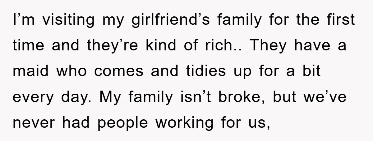 I’m visiting my girlfriend’s family for the first time and they’re kind of rich.. They have a maid who comes and tidies up for a bit every day. My family...