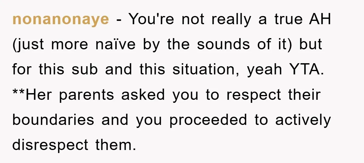 nonanonaye − You're not really a true AH (just more naïve by the sounds of it) but for this sub and this situation, yeah YTA. **Her parents asked you to...