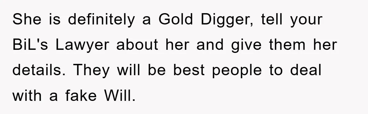 She is definitely a Gold Digger, tell your BiL's Lawyer about her and give them her details. They will be best people to deal with a fake Will.
