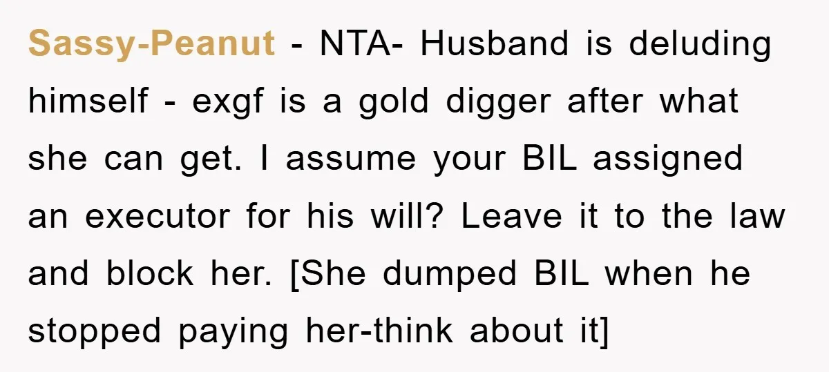 Sassy-Peanut − NTA- Husband is deluding himself - exgf is a gold digger after what she can get. I assume your BIL assigned an executor for his will? Leave it...