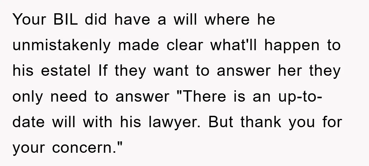 Your BIL did have a will where he unmistakenly made clear what'll happen to his estatel If they want to answer her they only need to answer "There is an...