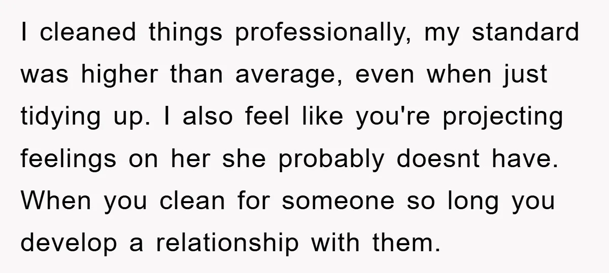 I cleaned things professionally, my standard was higher than average, even when just tidying up. I also feel like you're projecting feelings on her she probably doesnt have. When you...