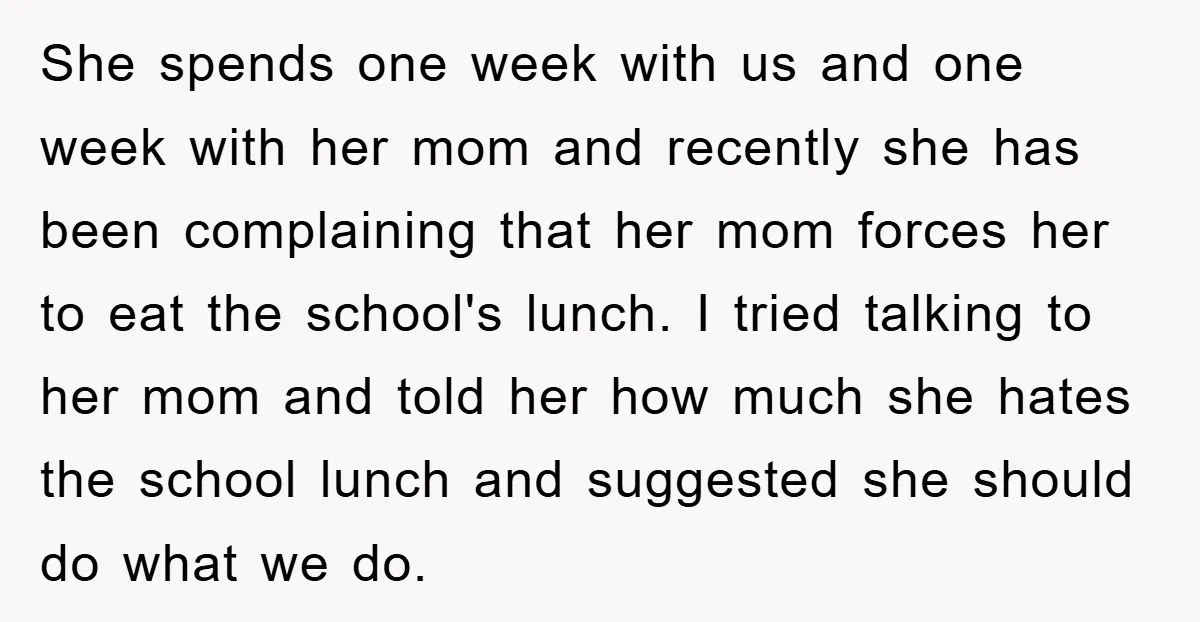 She spends one week with us and one week with her mom and recently she has been complaining that her mom forces her to eat the school's lunch. I tried...