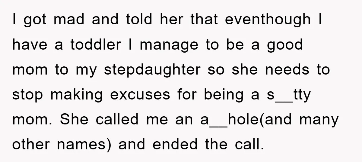 I got mad and told her that eventhough I have a toddler I manage to be a good mom to my stepdaughter so she needs to stop making excuses for...
