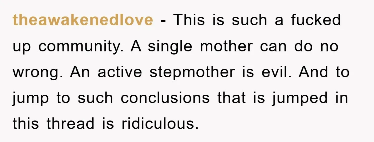 theawakenedlove − This is such a fucked up community. A single mother can do no wrong. An active stepmother is evil. And to jump to such conclusions that is jumped...