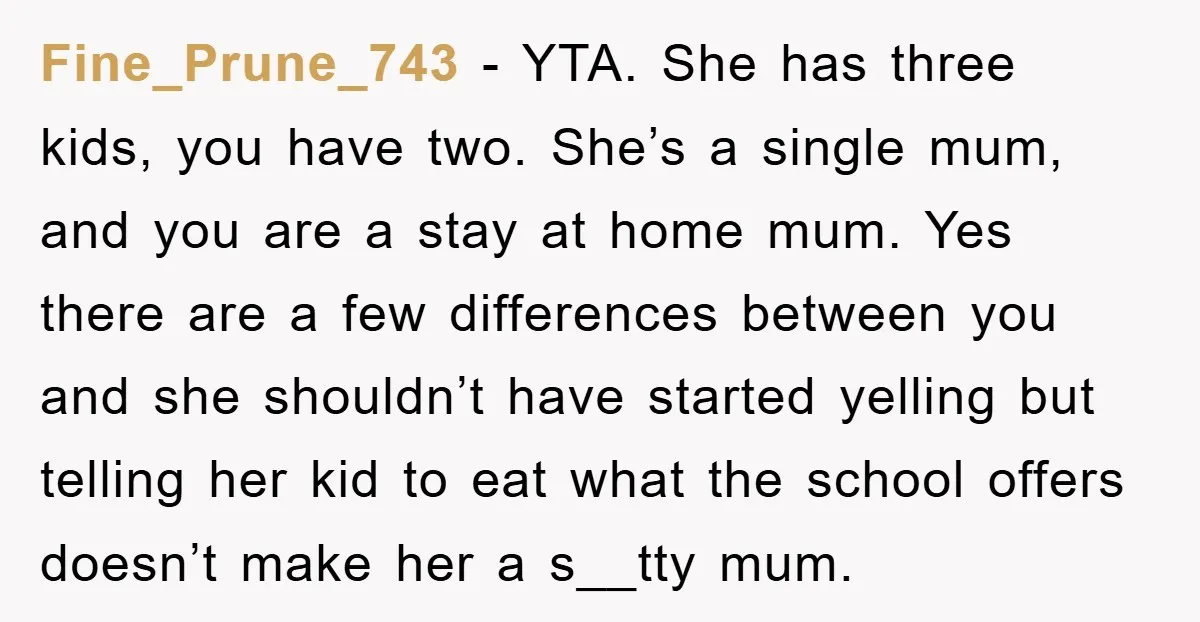 Fine_Prune_743 − YTA. She has three kids, you have two. She’s a single mum, and you are a stay at home mum. Yes there are a few differences between you...