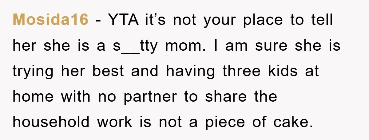 Mosida16 − YTA it’s not your place to tell her she is a s__tty mom. I am sure she is trying her best and having three kids at home with...