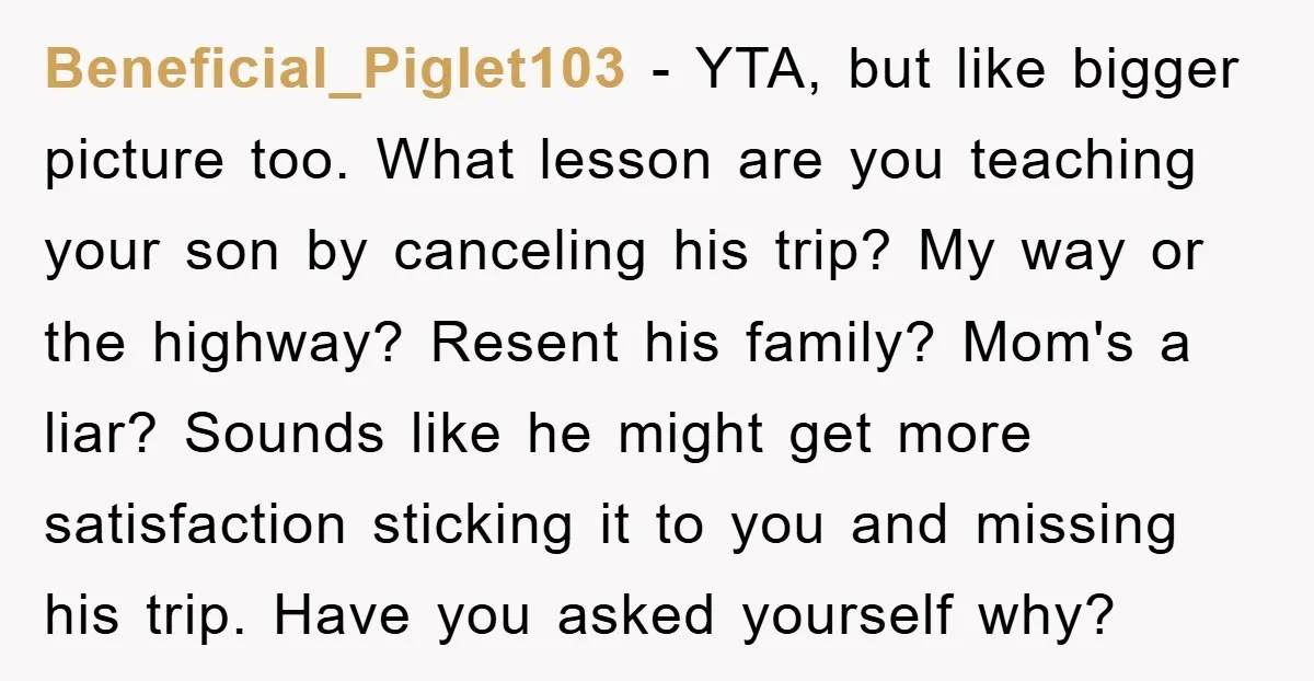Beneficial_Piglet103 − YTA, but like bigger picture too. What lesson are you teaching your son by canceling his trip? My way or the highway? Resent his family? Mom's a liar?...