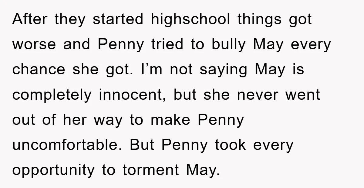 After they started highschool things got worse and Penny tried to bully May every chance she got. I’m not saying May is completely innocent, but she never went out of...