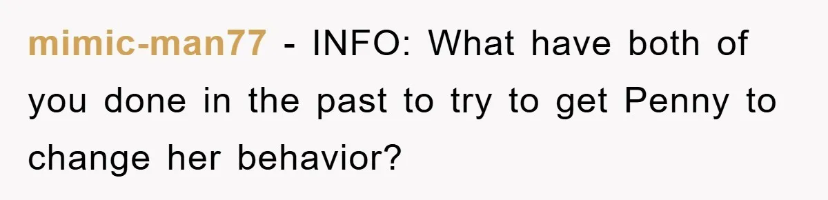 mimic-man77 − INFO: What have both of you done in the past to try to get Penny to change her behavior?