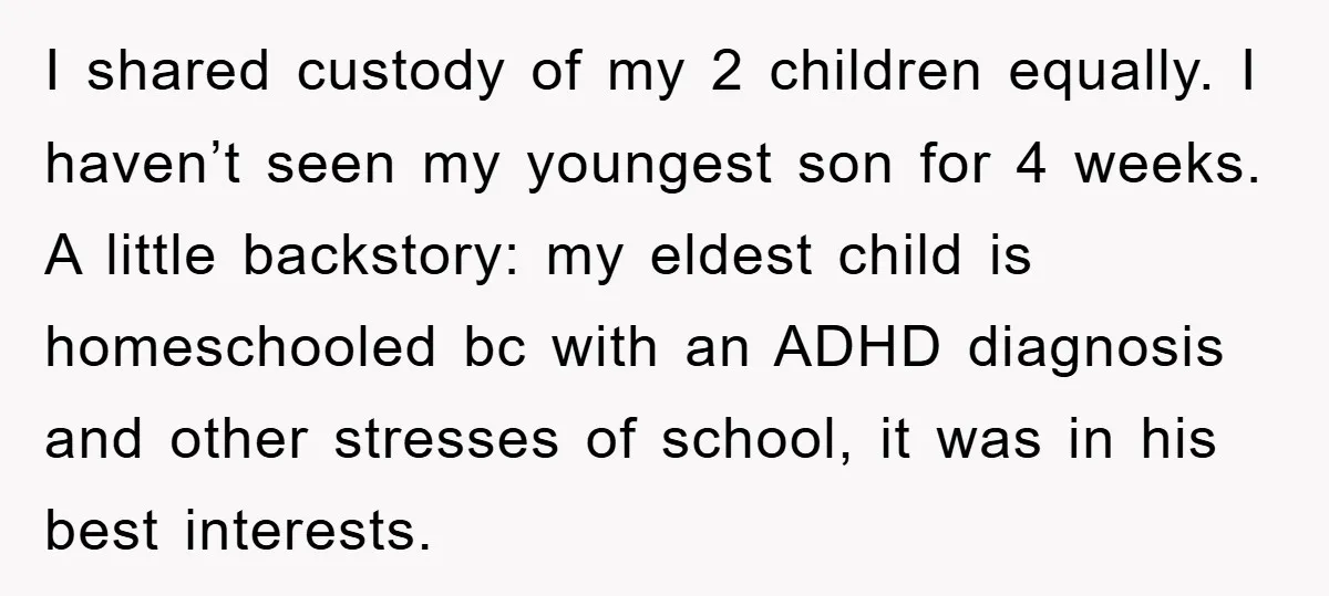 I shared custody of my 2 children equally. I haven’t seen my youngest son for 4 weeks. A little backstory: my eldest child is homeschooled bc with an ADHD diagnosis...