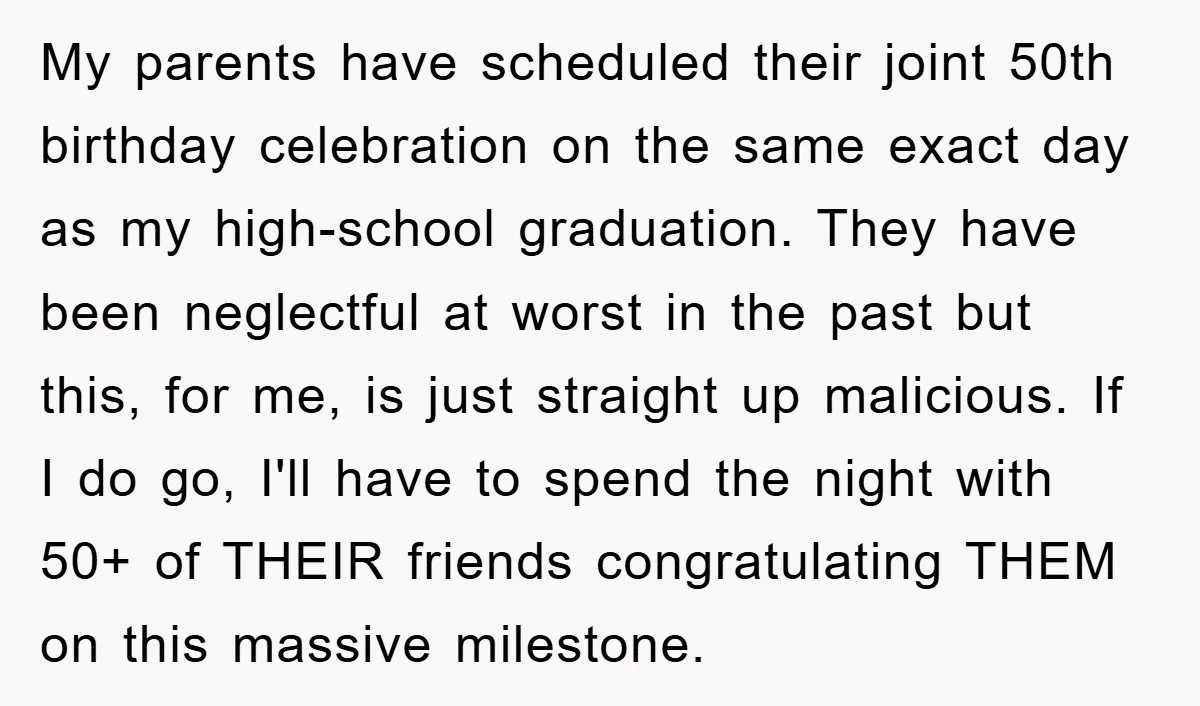My parents have scheduled their joint 50th birthday celebration on the same exact day as my high-school graduation. They have been neglectful at worst in the past but this, for...